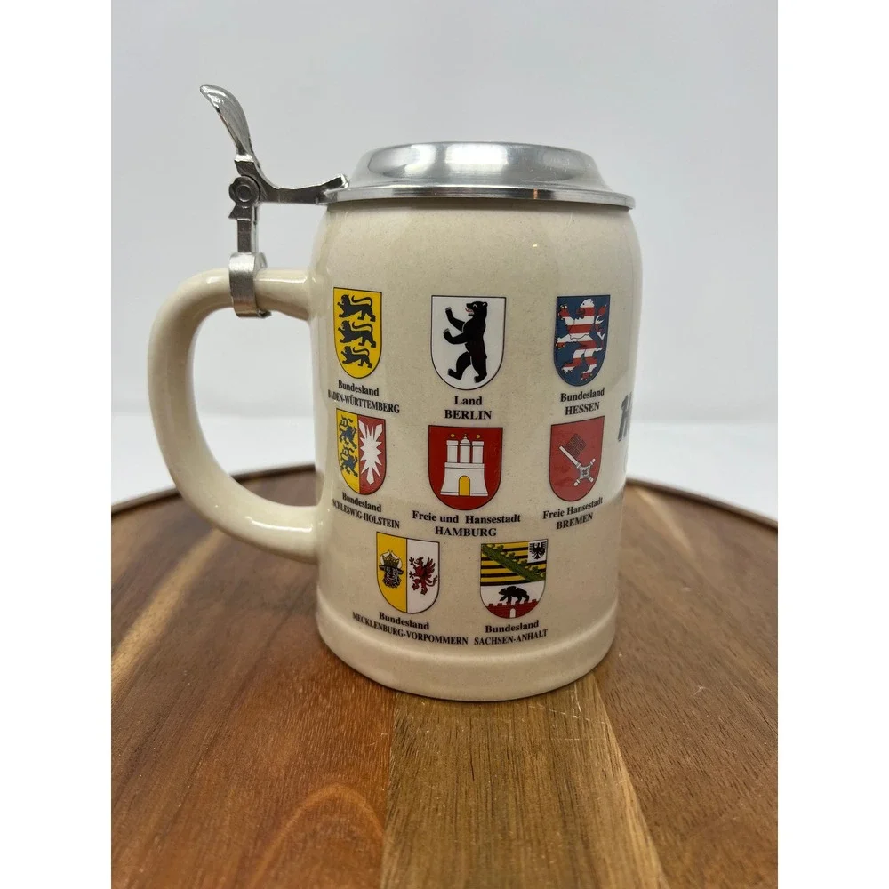 Beer Stein Hard Rock Ceramic with Pewter Lid German‎ Coat of Arms